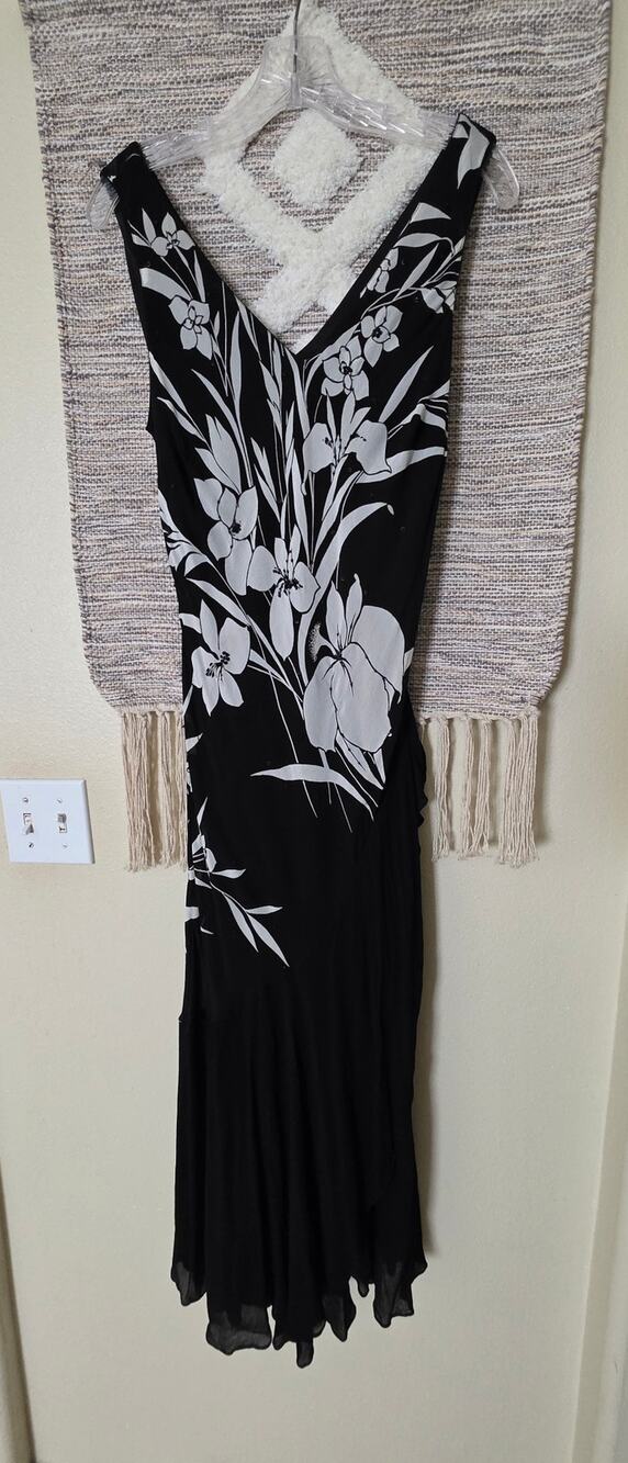 Vintage Y2K Black White Floral Sleeveless Midi Dress Women's Size 14